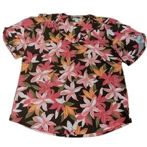 Chico's Shirt Large Easy Care Stretch Gathered Women's Size 2 Tropical Floral